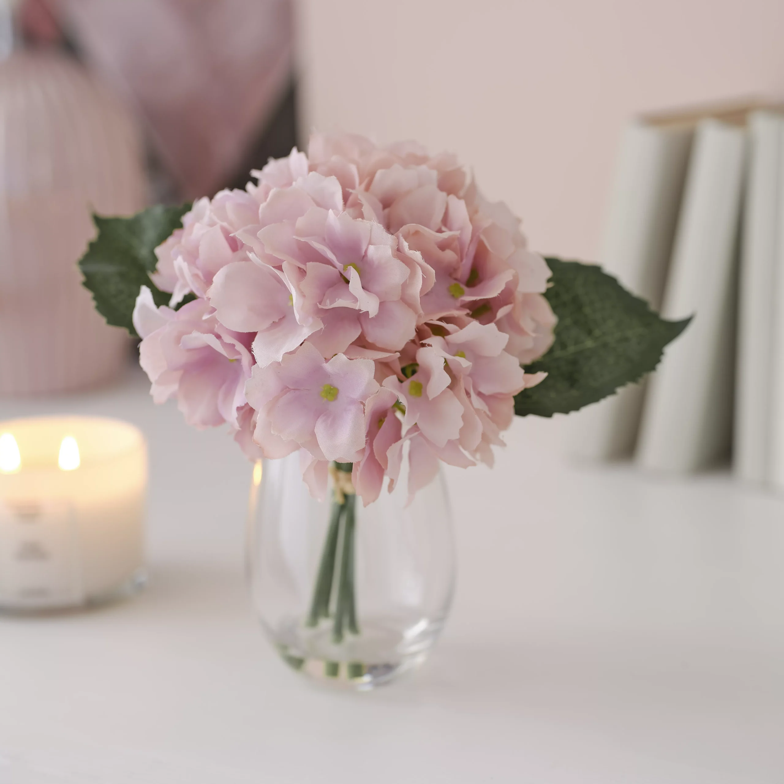 17cm Pink Hydrangeas Artificial Plant In Clear Glass Vase 5 17cm Pink Hydrangeas Artificial Plant In Clear Glass Vase - Image 3