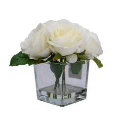 Front Page -Outdoor Garden 19cm white roses artificial plant in clear square glass vase5010795682690 02c bq