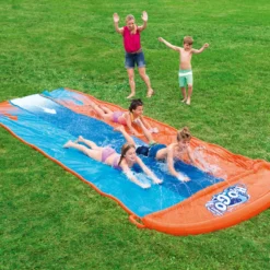 Bestway Orange & Blue Rectangular Triple Lane Slide With Sprinkler System At One End Water Slide -Outdoor Garden bestway orange blue rectangular triple lane slide with sprinkler system at one end water slide6942138969092 02i bq