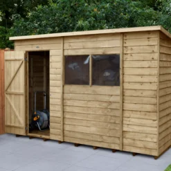 Forest Garden 10x6 Ft Pent Overlap Wooden 2 Windows Shed With Floor - Assembly Service Included