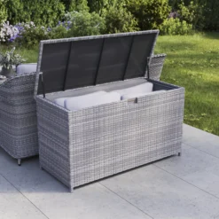 GoodHome Hamilton Steeple Grey Rattan Effect Storage Box (W) 180cm X (D) 65cm -Outdoor Garden goodhome hamilton steeple grey rattan effect storage box w 180cm x d 65cm5059340677415 02i