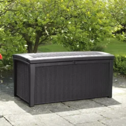 Keter Borneo Rattan Effect Plastic Garden Storage Box -Outdoor Garden keter borneo rattan effect plastic garden storage box7290103669065 01c bq