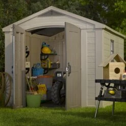 Keter Factor 8x11 Ft Apex Beige Plastic 2 Door Shed With Floor (Base Included) -Outdoor Garden keter factor 8x11 ft apex beige plastic 2 door shed with floor base included 7290103664961 02i bq