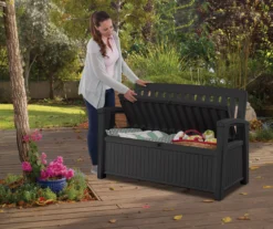 Keter Patio Wood Effect Garden Storage Bench Box - Partial Assembly Required 227L -Outdoor Garden keter patio wood effect garden storage bench box partial assembly required 227l7290112634825 03i bq