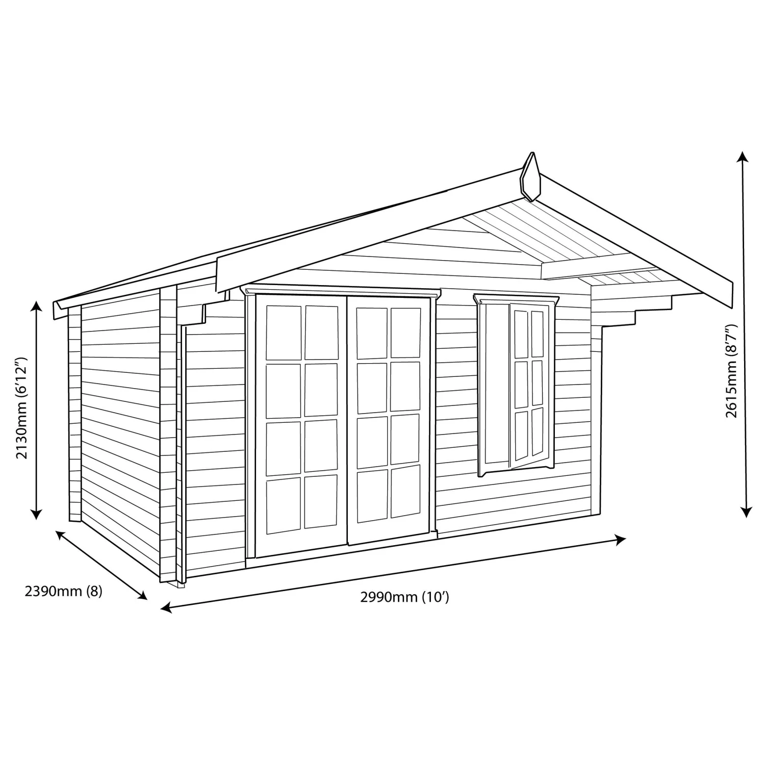 Shire Cannock 10x8 Ft Toughened Glass Apex Tongue & Groove Wooden Cabin With Felt Tile Roof 8 Shire Cannock 10x8 Ft Toughened Glass Apex Tongue & Groove Wooden Cabin With Felt Tile Roof - Image 6