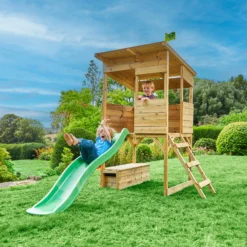 TP Toys 8x7 Tree Top Timber Tower Slide Playhouse Assembly Required -Outdoor Garden tp toys 8x7 tree top timber tower slide playhouse assembly required5021854803543 03i bq