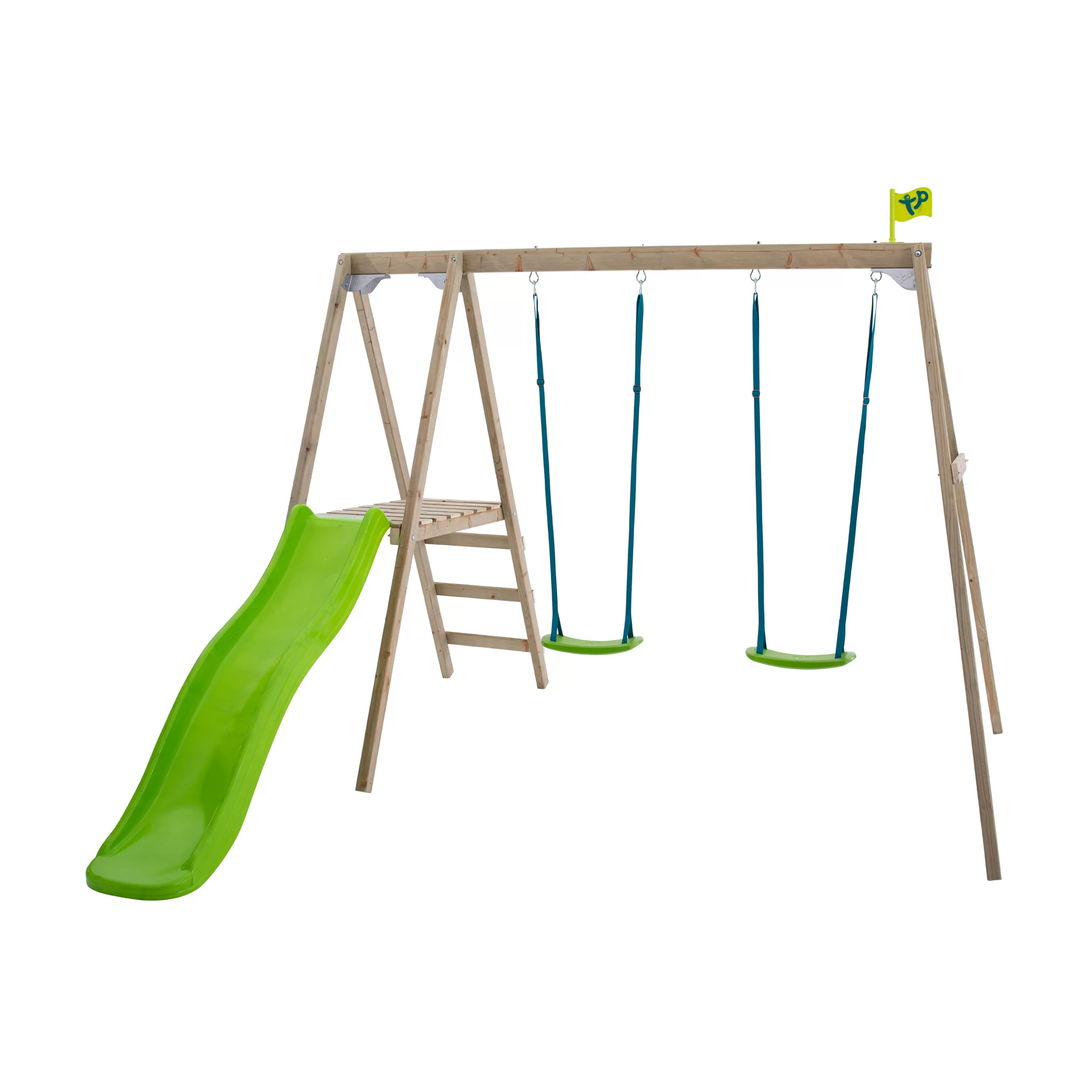 TP Toys Multi Double Green & Wood Swing & Slide (L) 2760mm X (W) 2810mm 3 TP Toys Multi Double Green & Wood Swing & Slide (L) 2760mm X (W) 2810mm